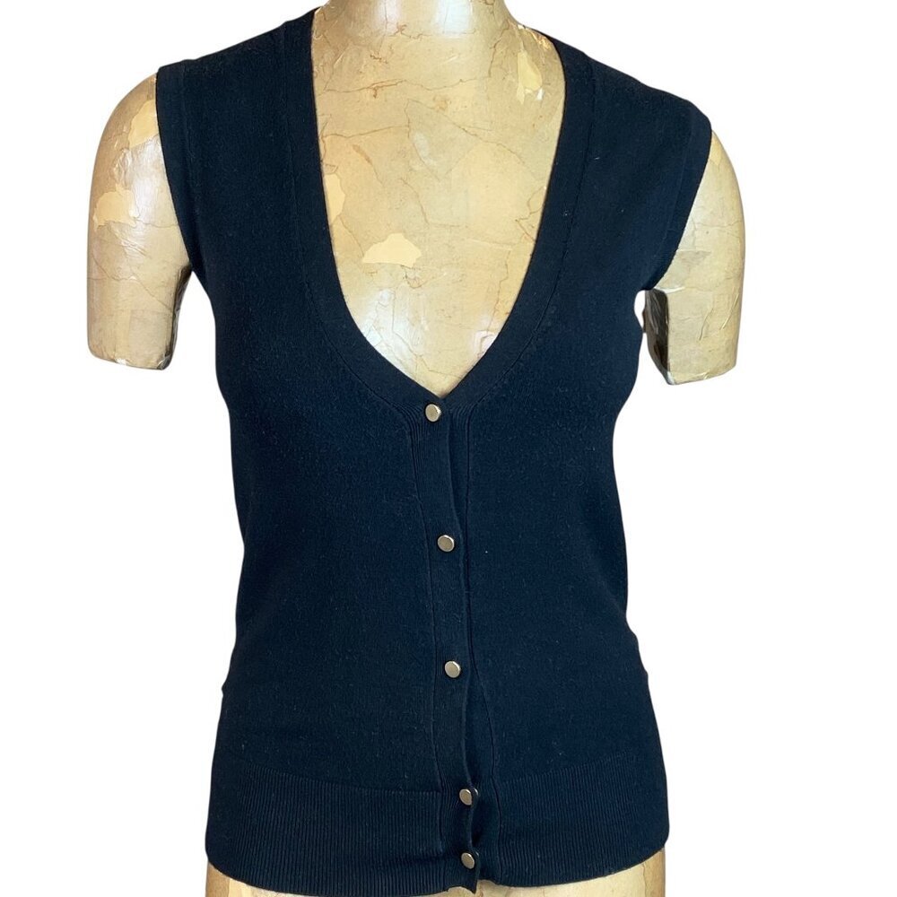 T Tahari Knit V-Neck Vest Sz XS Black with Gold Snap-Buttons #242J